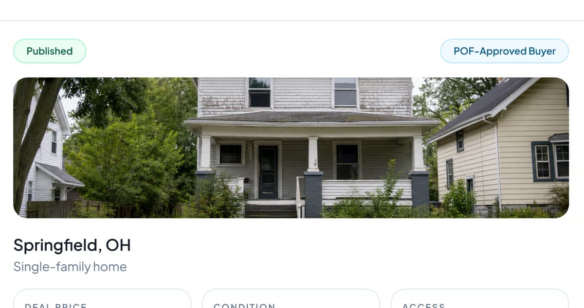 The buyer room preview for a demo deal: Published, POF-approved buyer, the house photo, Springfield, OH, single-family home, and the deal price, condition and access tiles