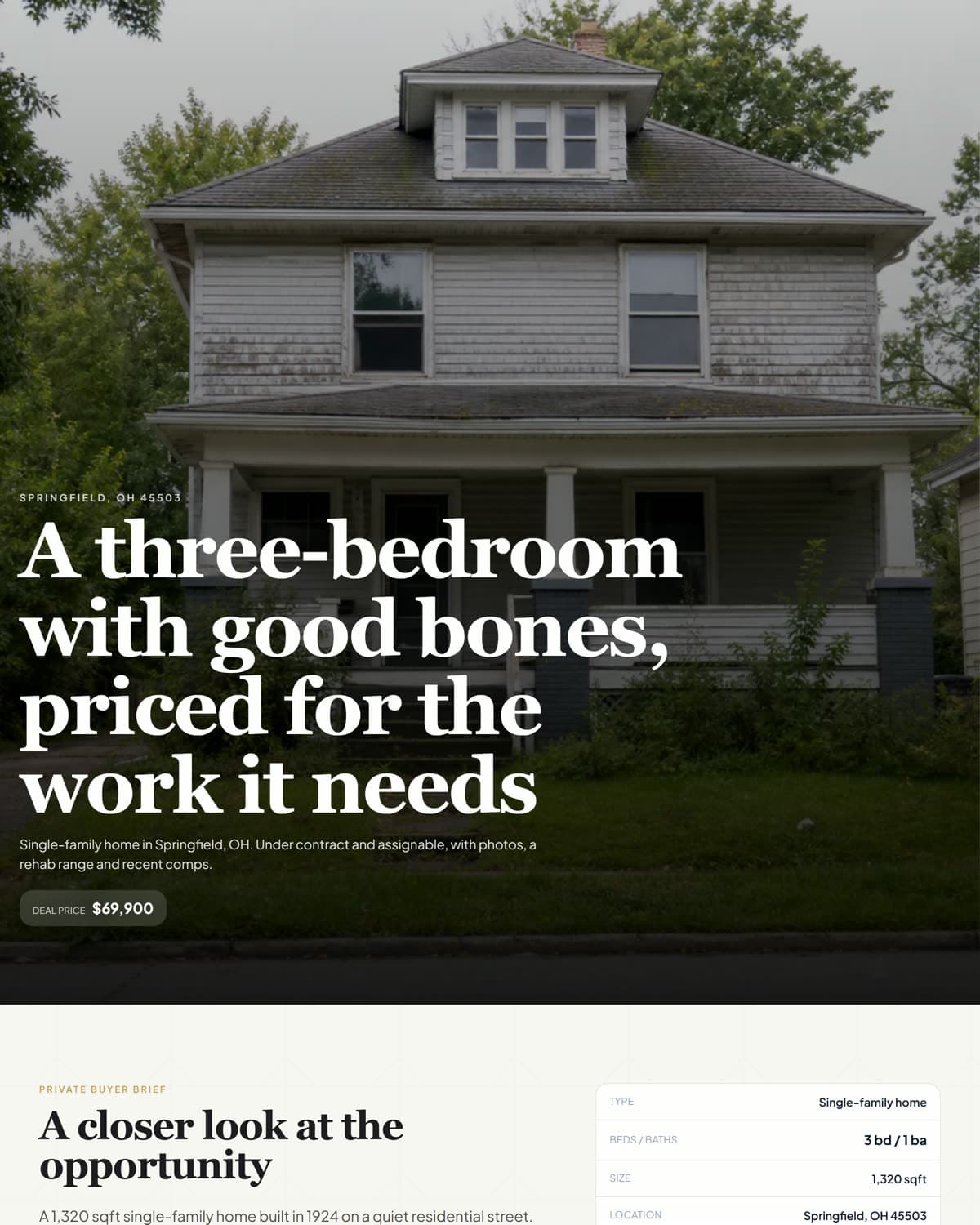 A PropShare page in the cinematic showcase layout: a full-width photo of a Springfield, OH house with the headline over it and the facts band below (demo data)