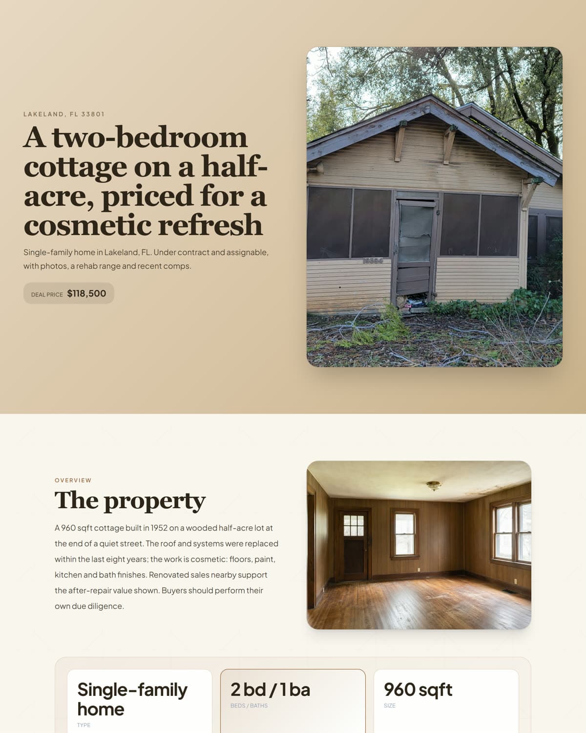 A PropShare page in the editorial split layout: the story beside the photo of a Lakeland, FL cottage on a warm sand palette (demo data)