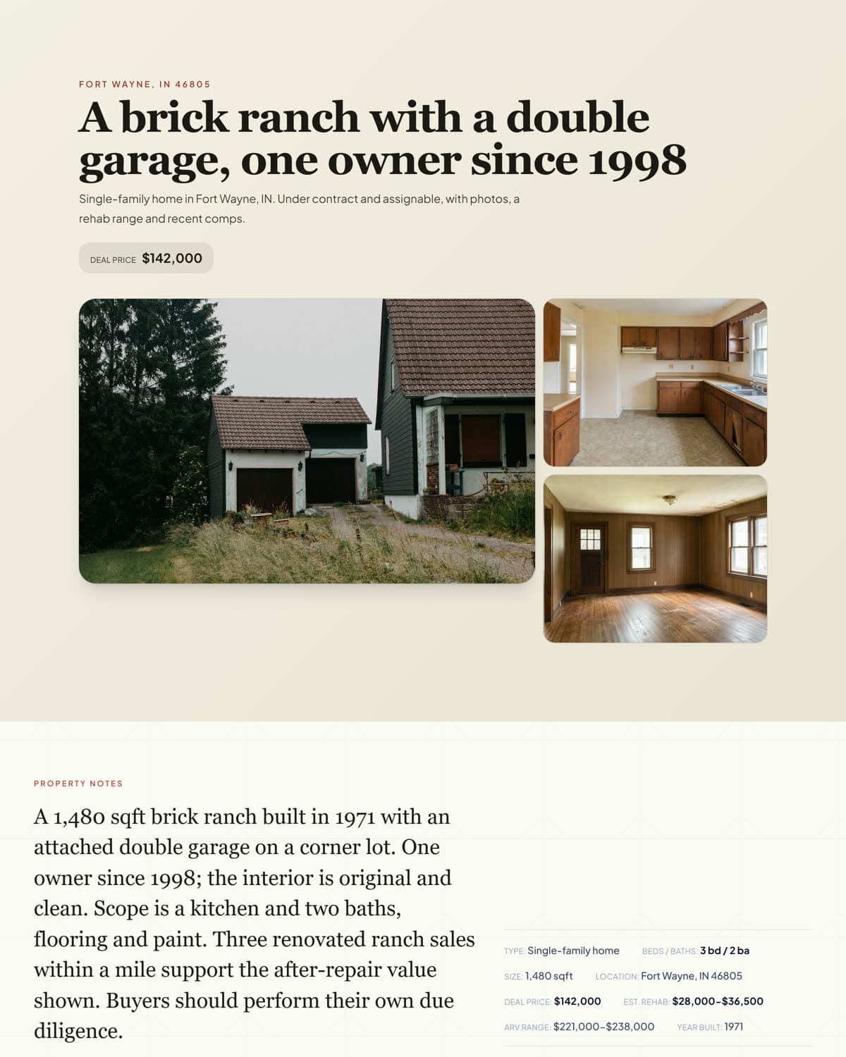 A PropShare page in the gallery portfolio layout: a compact brief for a Fort Wayne, IN ranch above a grid of photos (demo data)