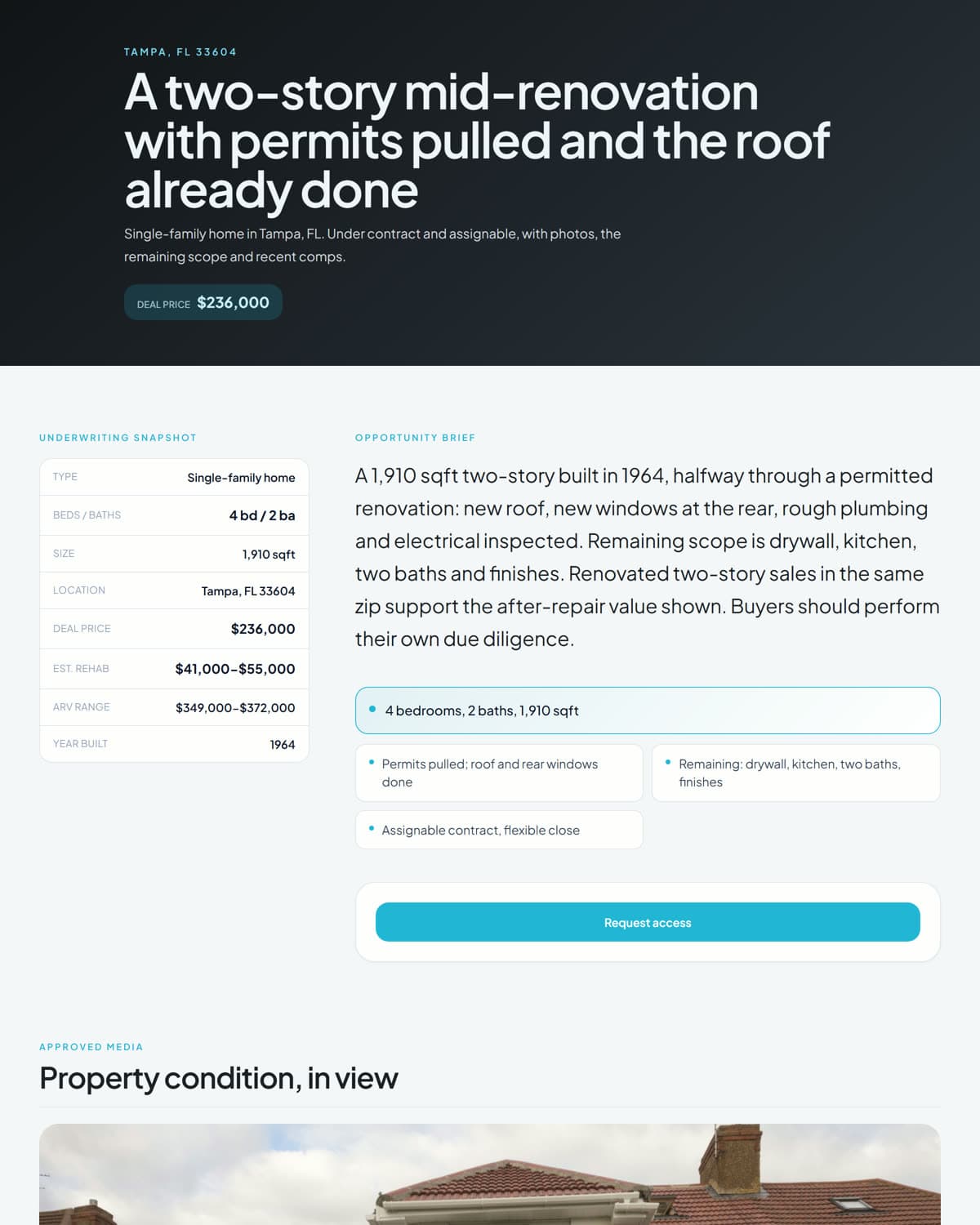 A PropShare page in the investment dossier layout for a Tampa, FL mid-renovation, on a graphite palette (demo data)