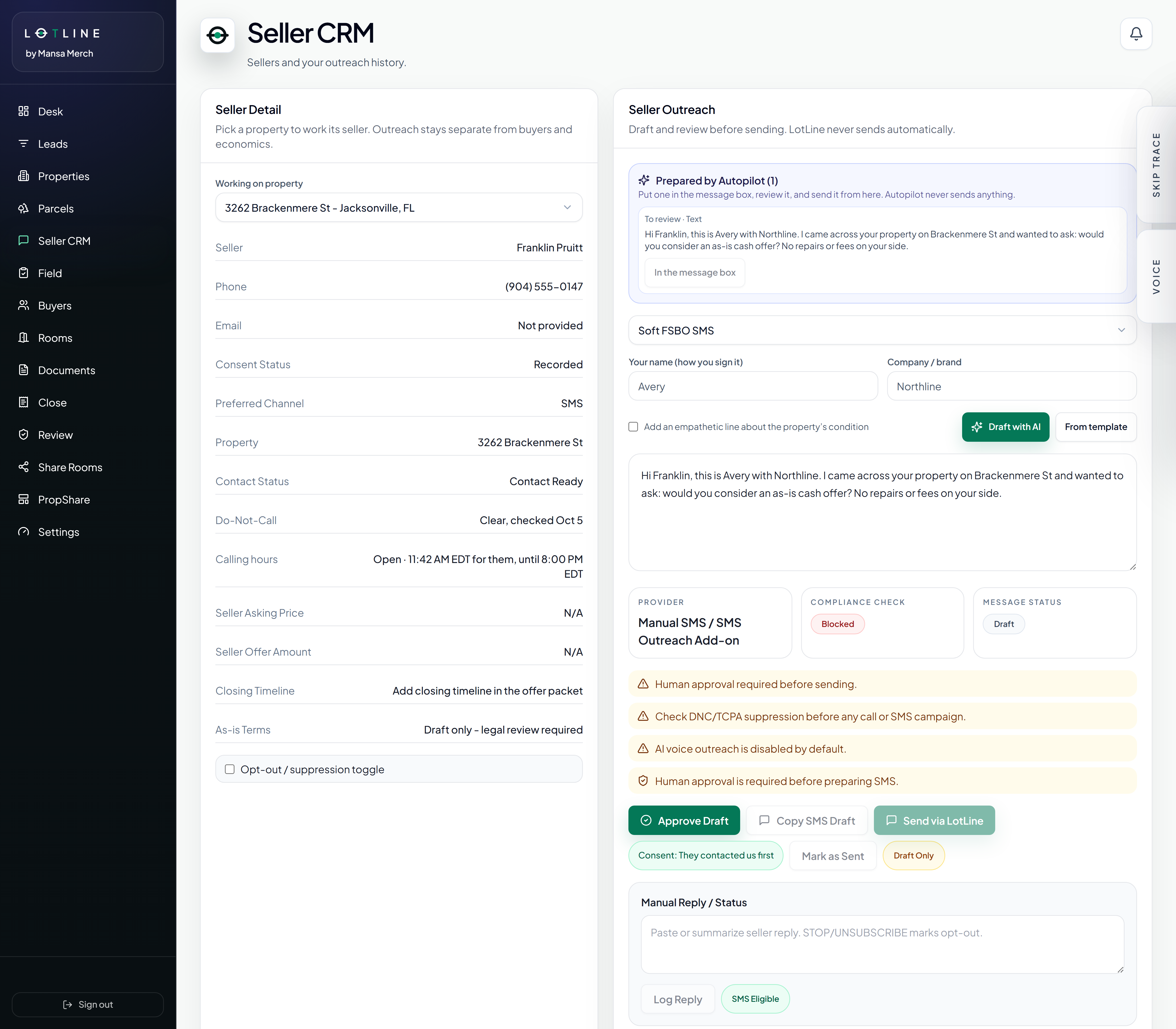 LotLine Seller CRM demo: a seller draft, blocked compliance status, and an Approve Draft action. Nothing has been sent.